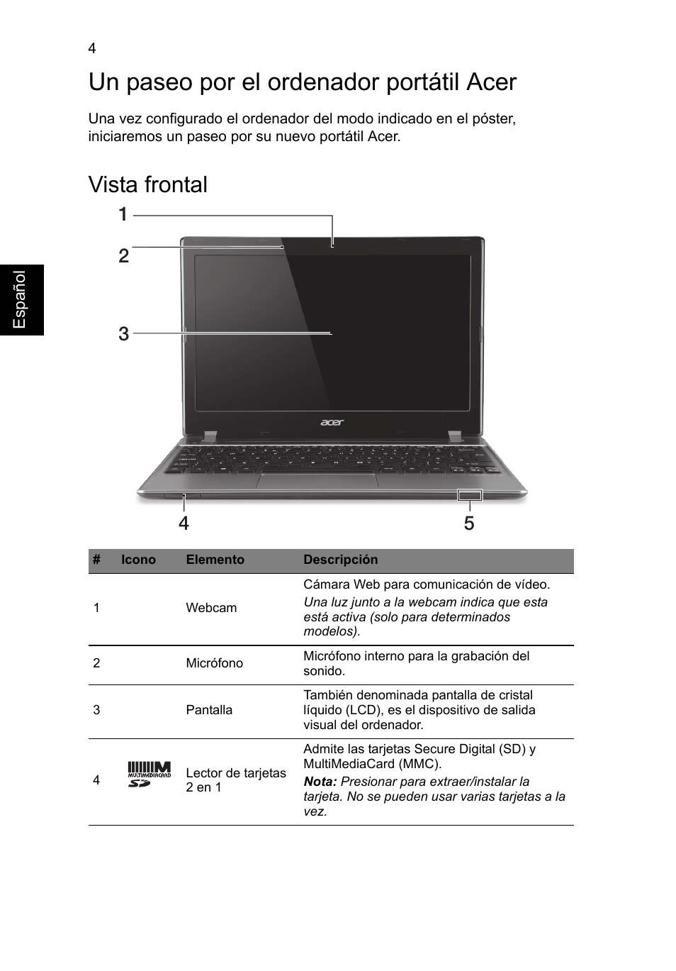 Un paseo por el ordenador portátil acer, Vista frontal | Acer Aspire V5-171 User Manual | Page 46 / 306