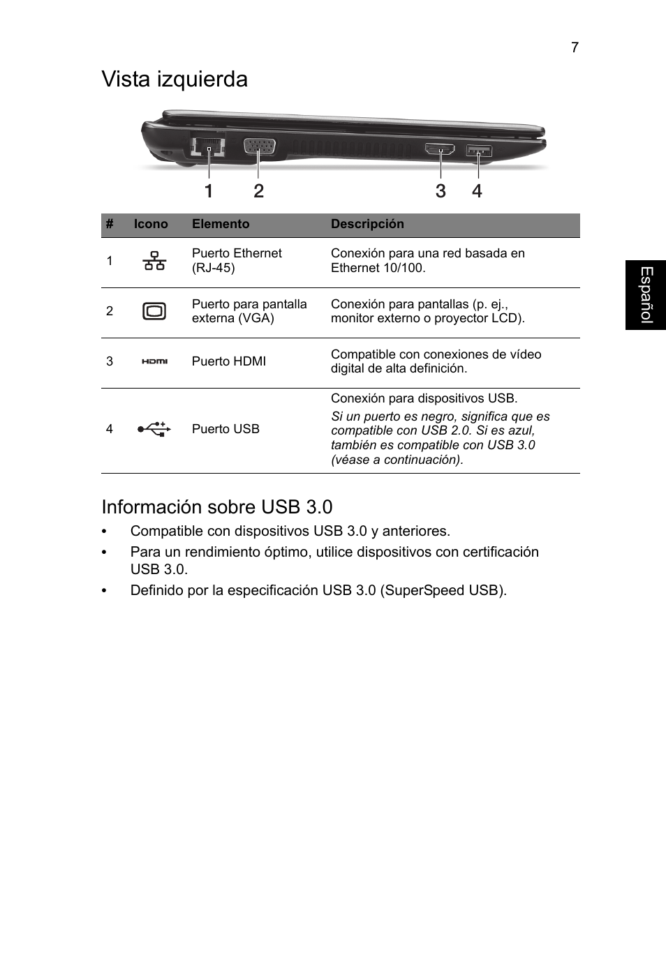 Vista izquierda, Información sobre usb 3.0 | Acer Aspire V5-171 User Manual | Page 49 / 306