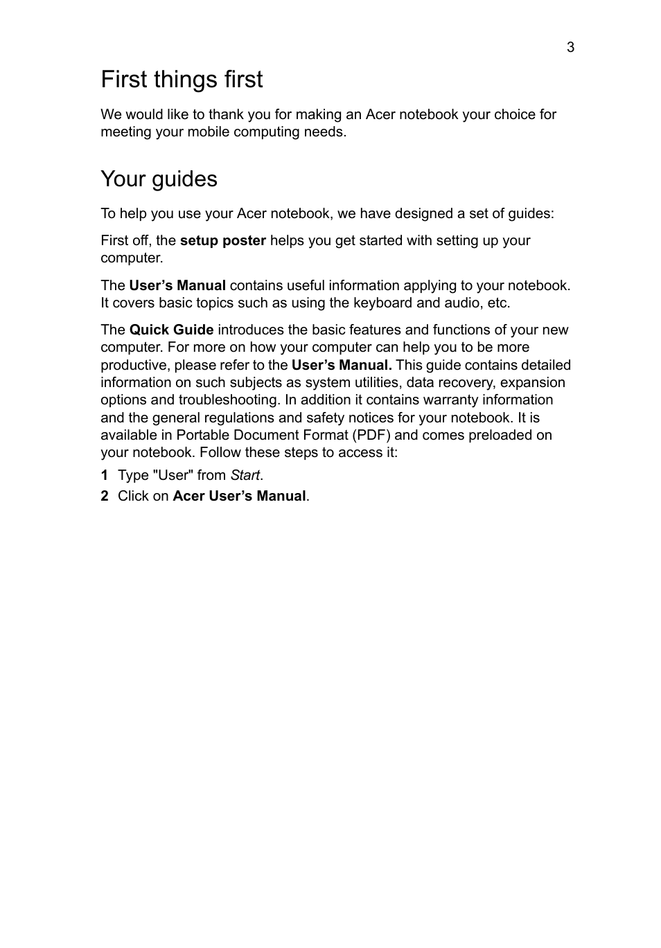 First things first, Your guides | Acer Aspire V5-171 User Manual | Page 5 / 306