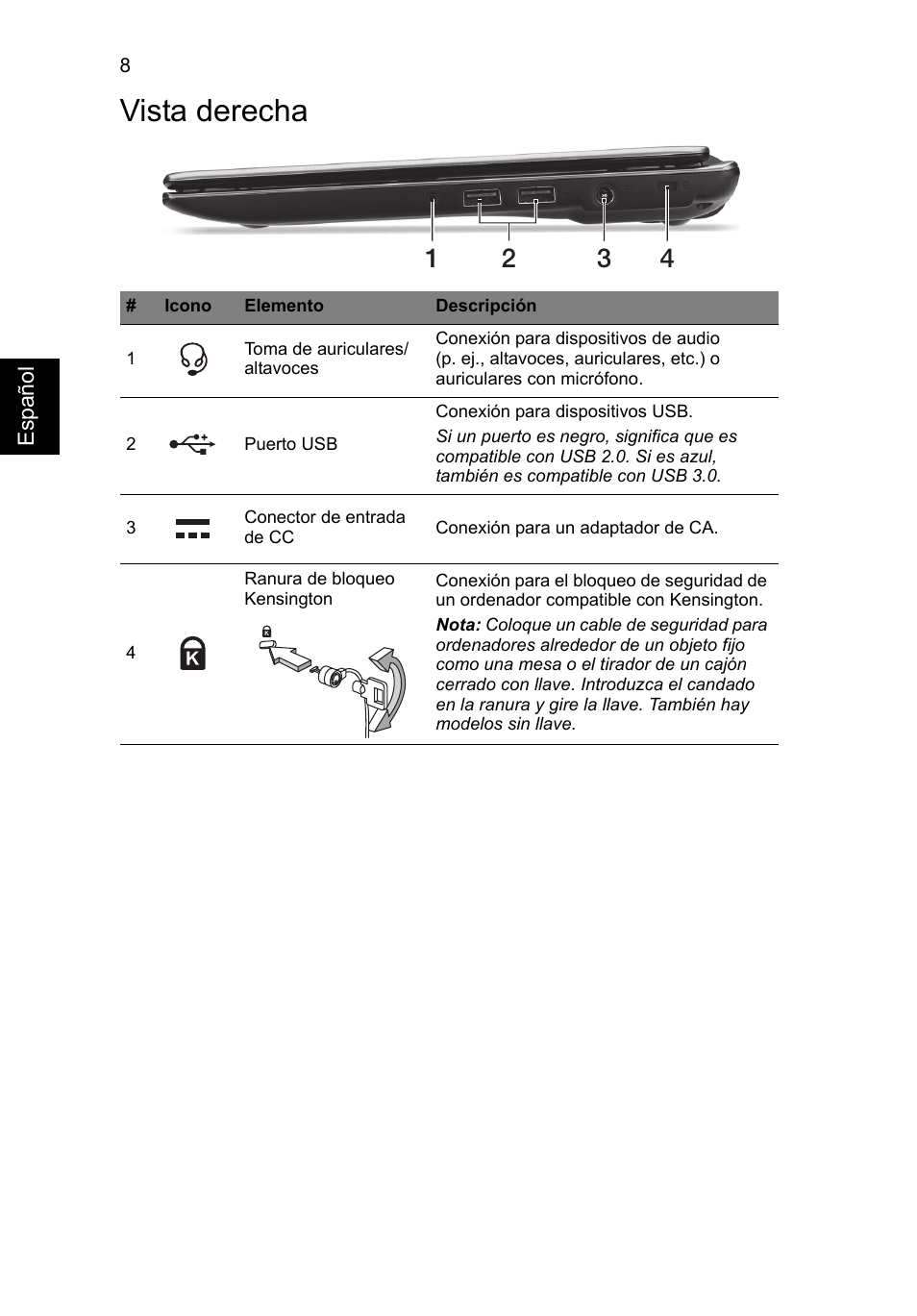 Vista derecha | Acer Aspire V5-171 User Manual | Page 50 / 306