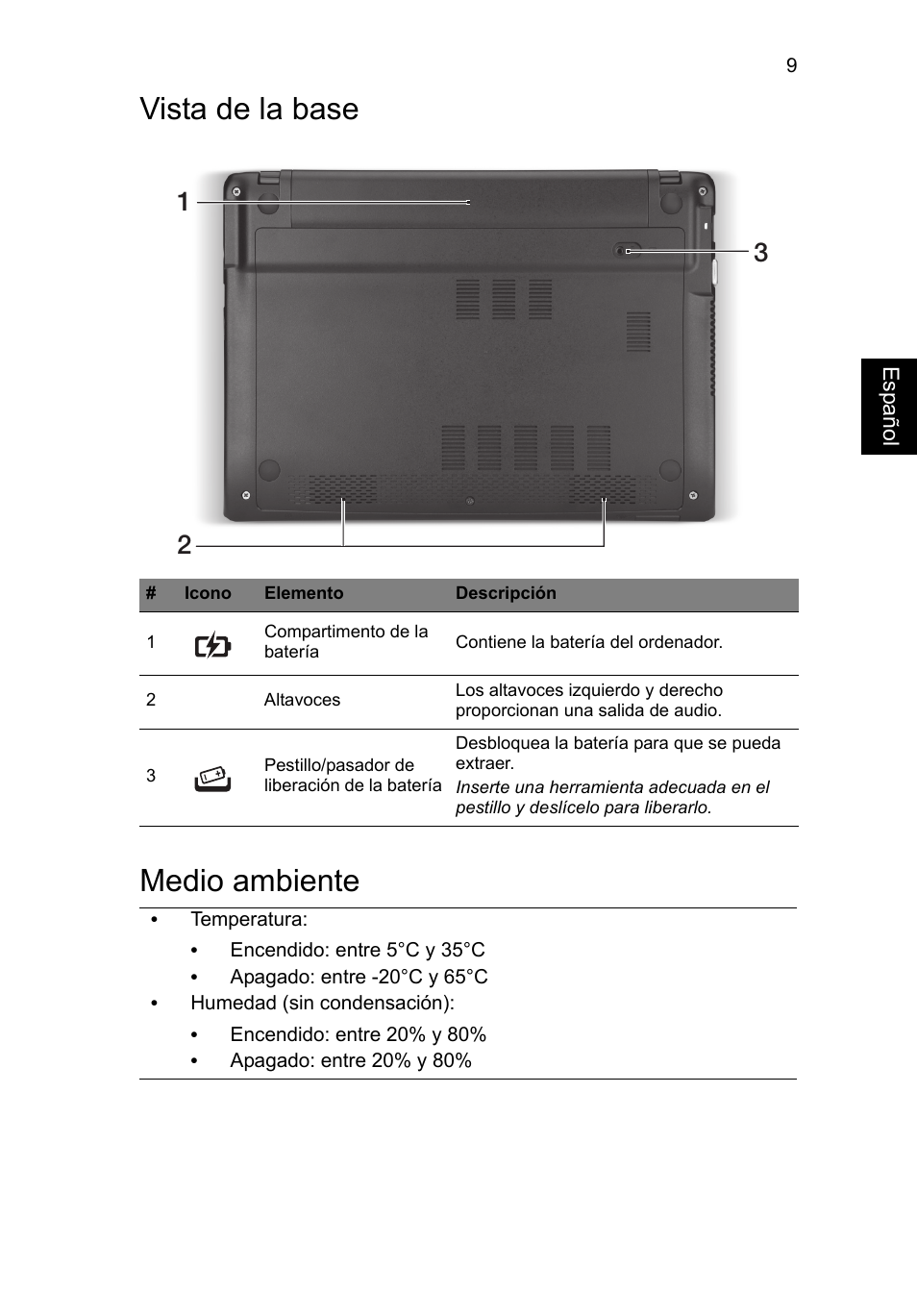 Vista de la base, Medio ambiente, Vista de la base medio ambiente | Acer Aspire V5-171 User Manual | Page 51 / 306