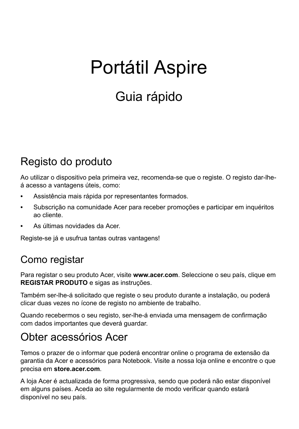 Português, Registo do produto, Como registar | Obter acessórios acer, Portátil aspire, Guia rápido | Acer Aspire V5-171 User Manual | Page 57 / 306