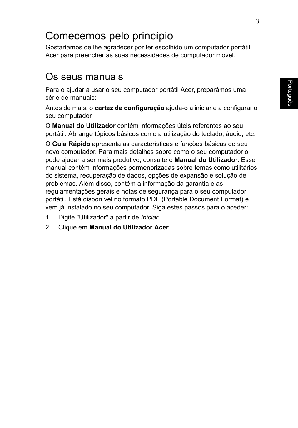 Comecemos pelo princípio, Os seus manuais | Acer Aspire V5-171 User Manual | Page 59 / 306