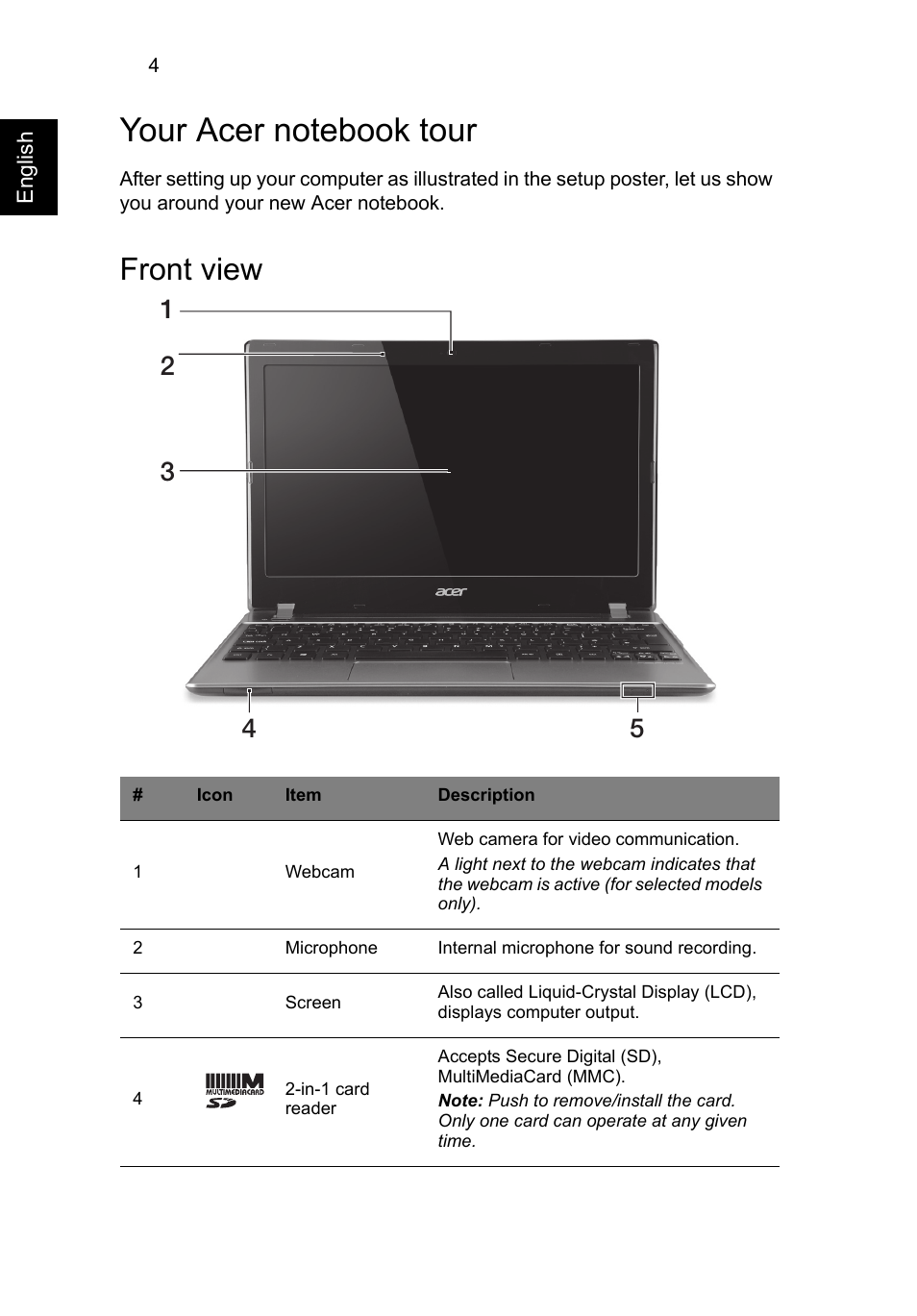 Your acer notebook tour, Front view | Acer Aspire V5-171 User Manual | Page 6 / 306