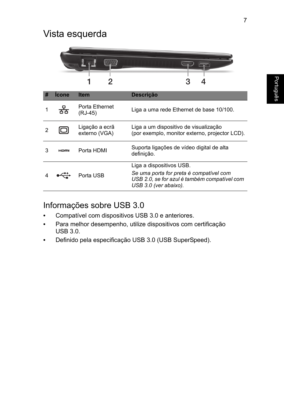 Vista esquerda, Informações sobre usb 3.0 | Acer Aspire V5-171 User Manual | Page 63 / 306