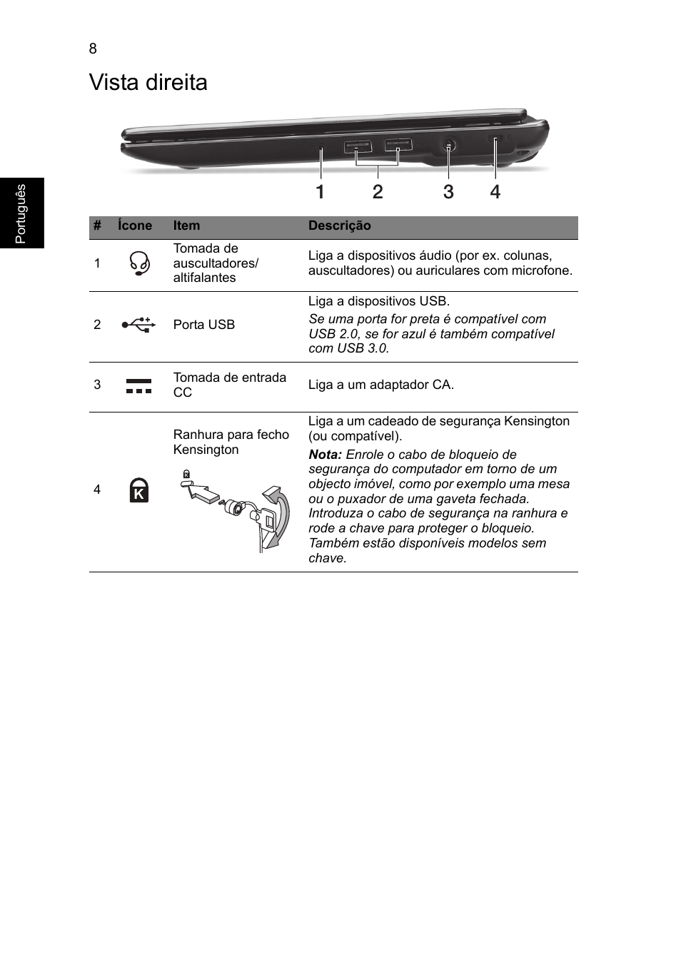 Vista direita | Acer Aspire V5-171 User Manual | Page 64 / 306