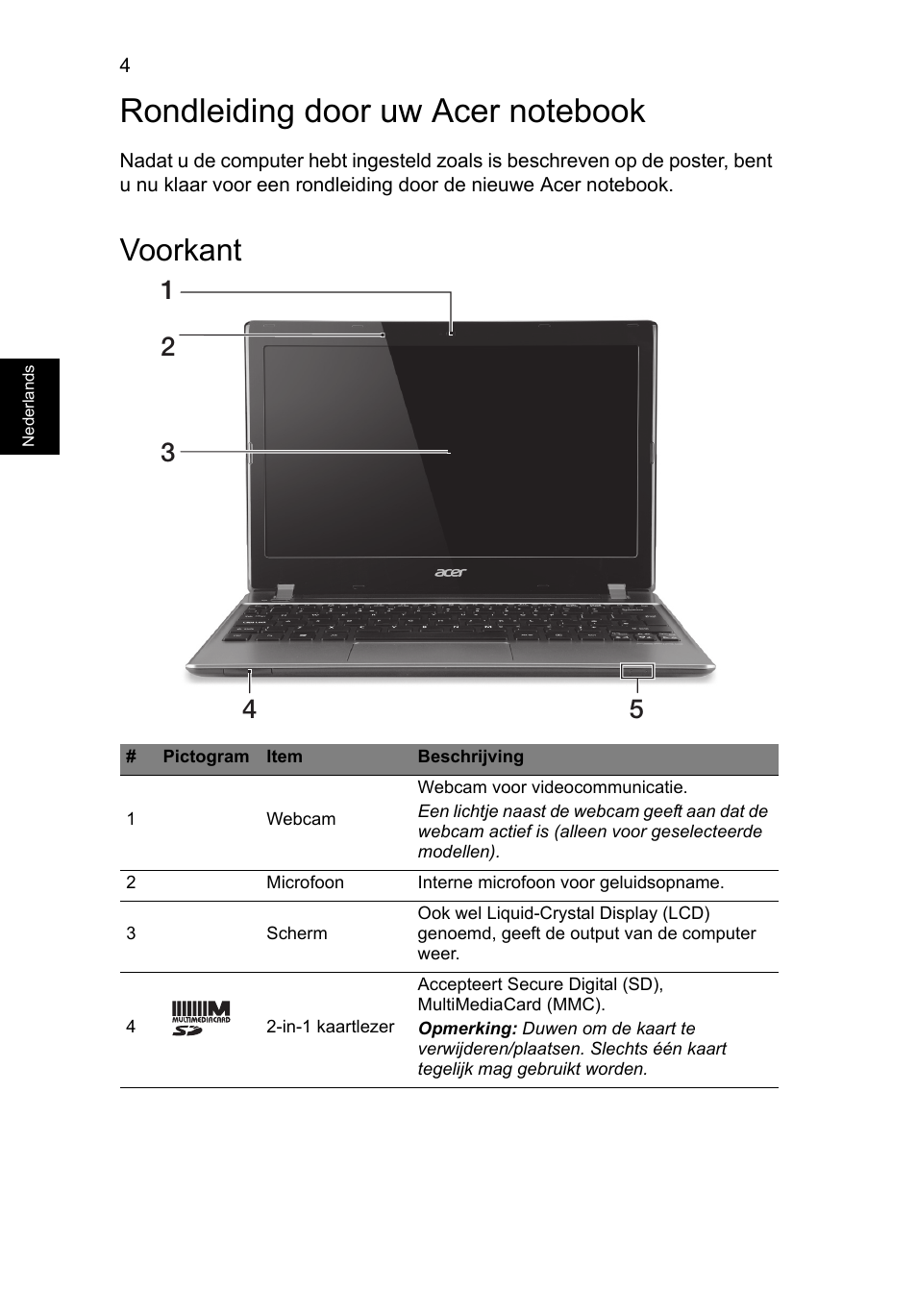Rondleiding door uw acer notebook, Voorkant | Acer Aspire V5-171 User Manual | Page 70 / 306