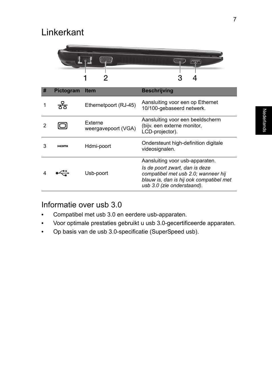 Linkerkant, Informatie over usb 3.0 | Acer Aspire V5-171 User Manual | Page 73 / 306