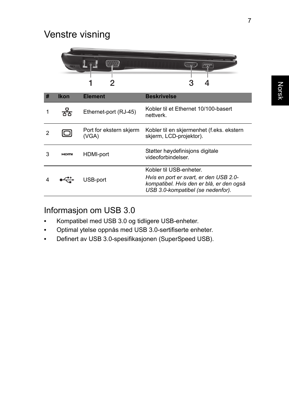 Venstre visning, Informasjon om usb 3.0 | Acer Aspire V5-171 User Manual | Page 83 / 306