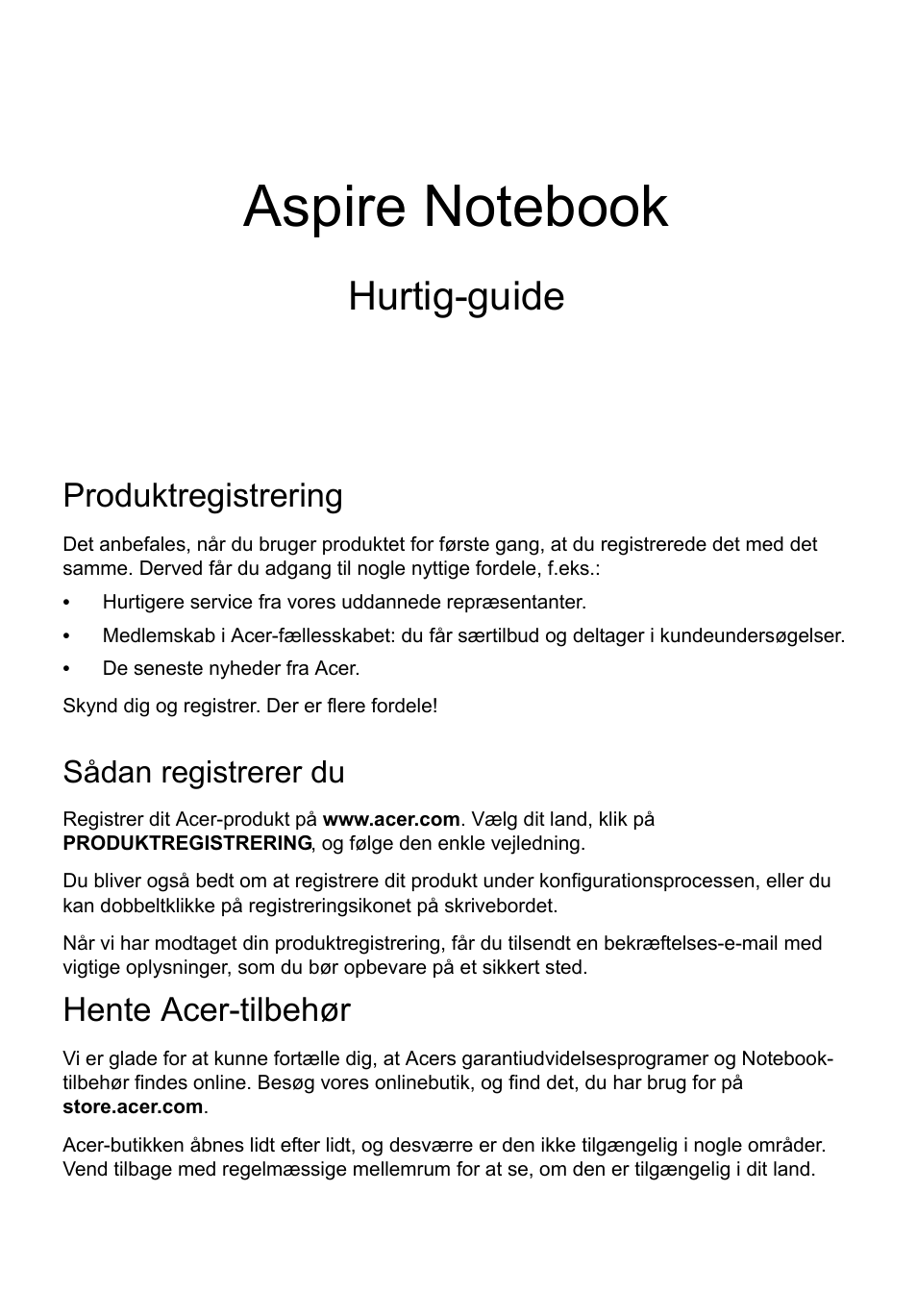 Dansk, Produktregistrering, Sådan registrerer du | Hente acer-tilbehør, Hurtig-guide | Acer Aspire V5-171 User Manual | Page 87 / 306