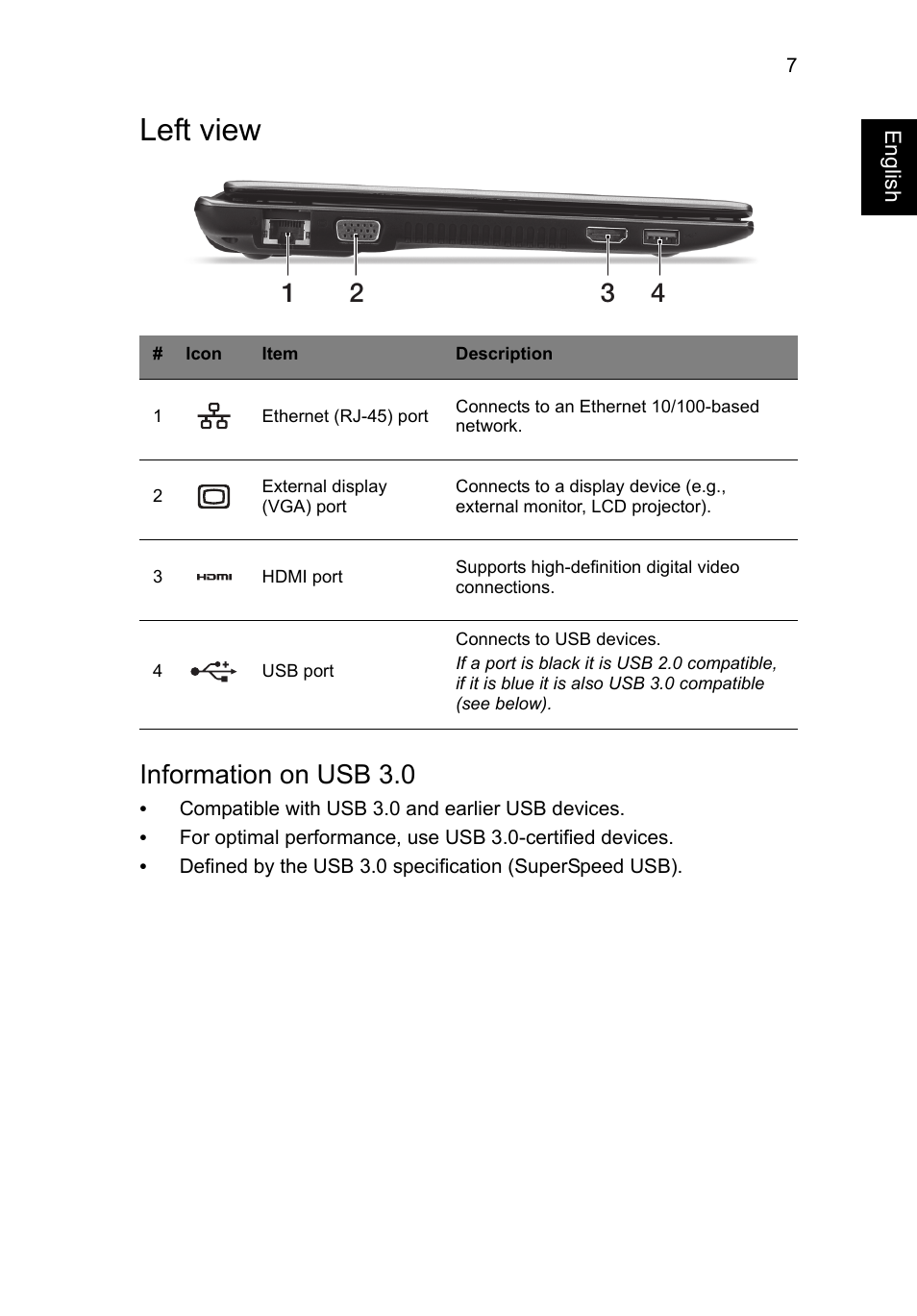 Left view, Information on usb 3.0 | Acer Aspire V5-171 User Manual | Page 9 / 306