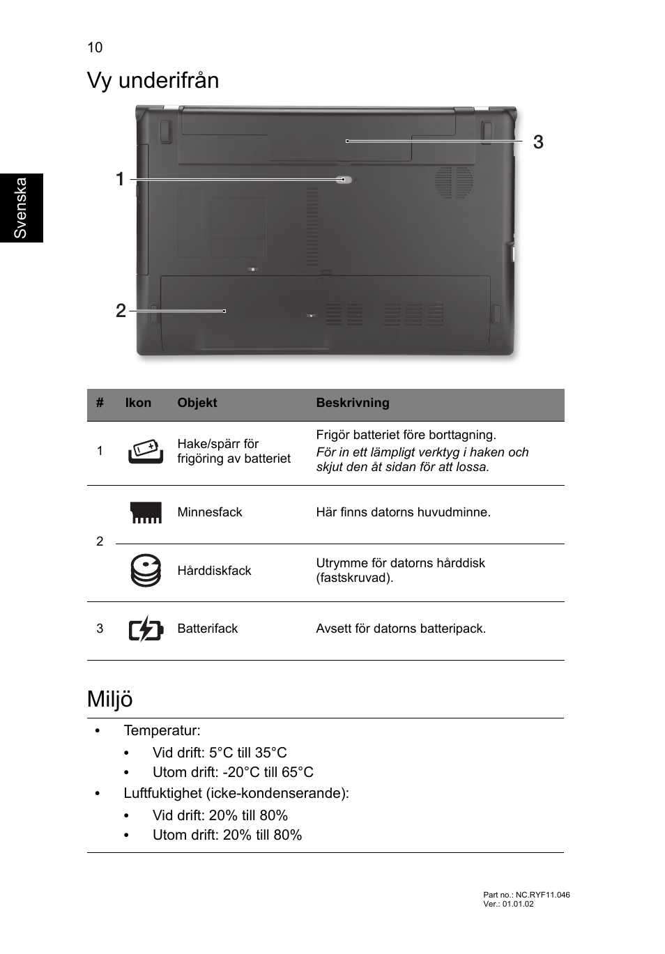 Vy underifrån, Miljö, Vy underifrån miljö | Acer Aspire V3-551 User Manual | Page 108 / 308