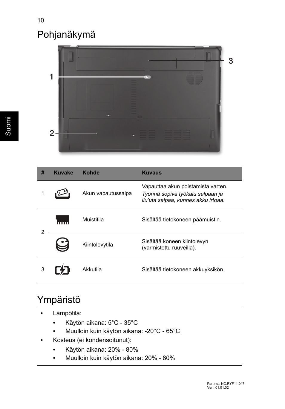 Pohjanäkymä, Ympäristö, Pohjanäkymä ympäristö | Acer Aspire V3-551 User Manual | Page 118 / 308