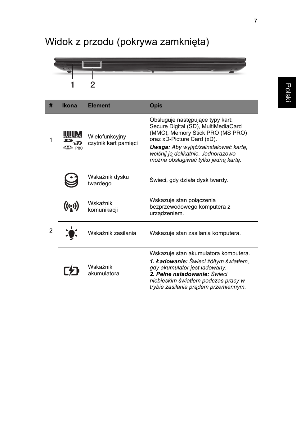 Widok z przodu (pokrywa zamknięta) | Acer Aspire V3-551 User Manual | Page 135 / 308