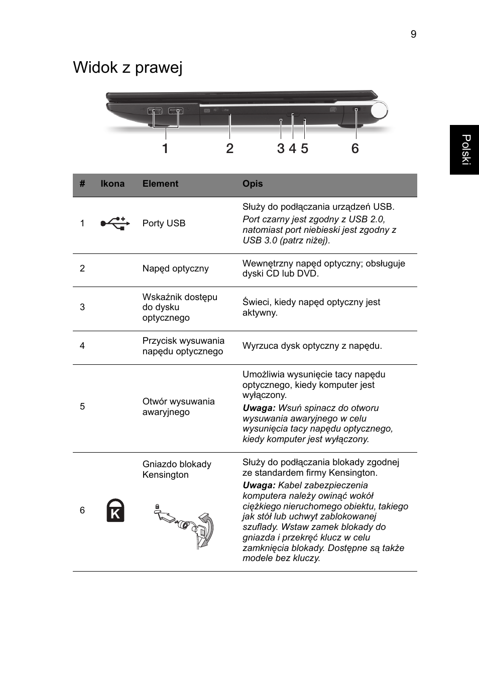 Widok z prawej | Acer Aspire V3-551 User Manual | Page 137 / 308