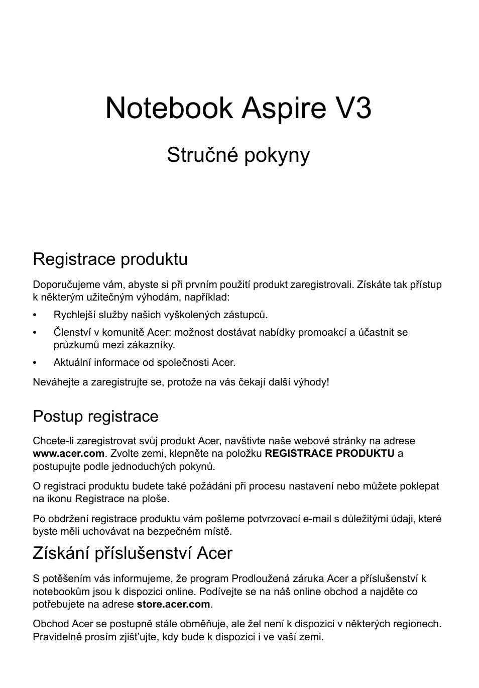 Čeština, Registrace produktu, Postup registrace | Získání příslušenství acer, Stručné pokyny | Acer Aspire V3-551 User Manual | Page 149 / 308