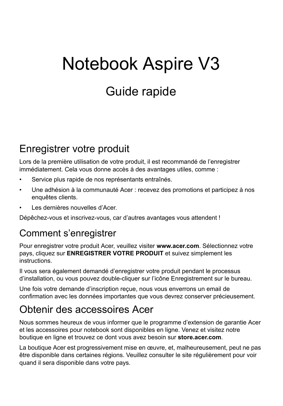 Français, Enregistrer votre produit, Comment s’enregistrer | Obtenir des accessoires acer, Guide rapide | Acer Aspire V3-551 User Manual | Page 15 / 308