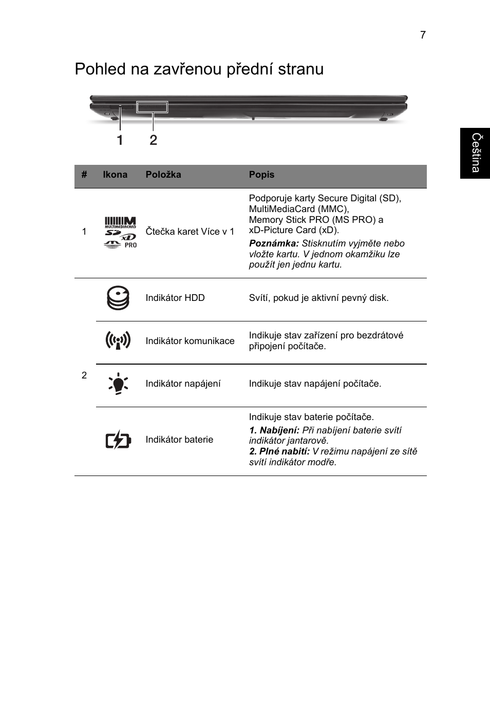 Pohled na zavřenou přední stranu | Acer Aspire V3-551 User Manual | Page 155 / 308