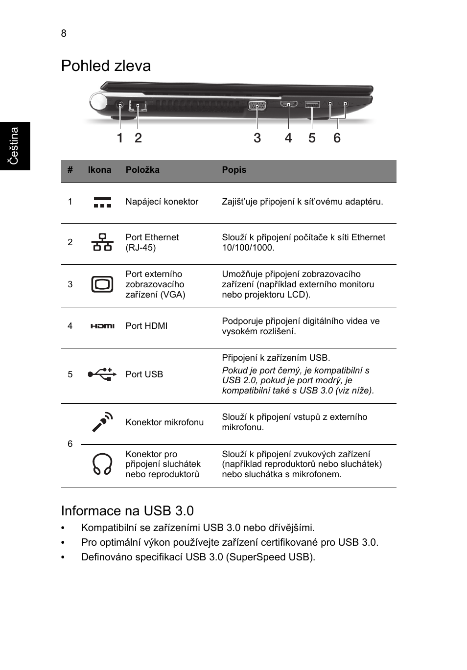 Pohled zleva, Informace na usb 3.0 | Acer Aspire V3-551 User Manual | Page 156 / 308