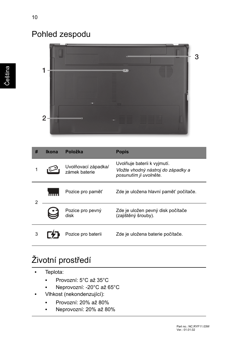 Pohled zespodu, Životní prostředí, Pohled zespodu životní prostředí | Acer Aspire V3-551 User Manual | Page 158 / 308