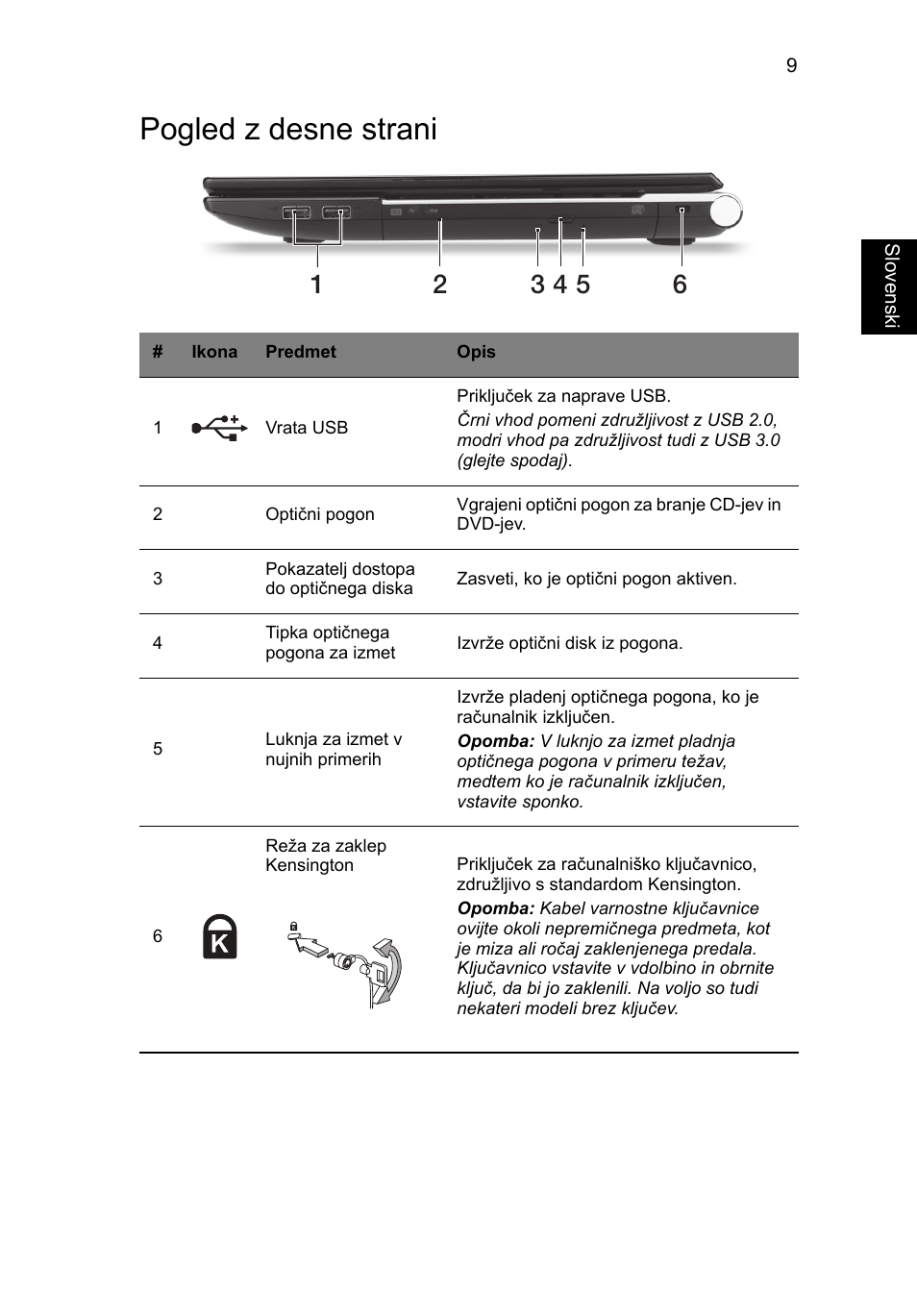 Pogled z desne strani | Acer Aspire V3-551 User Manual | Page 177 / 308