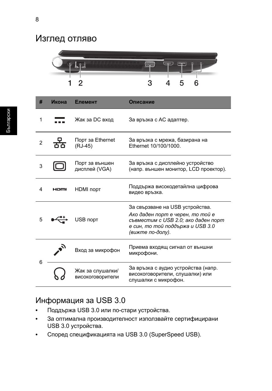 Изглед отляво, Информация за usb 3.0 | Acer Aspire V3-551 User Manual | Page 206 / 308