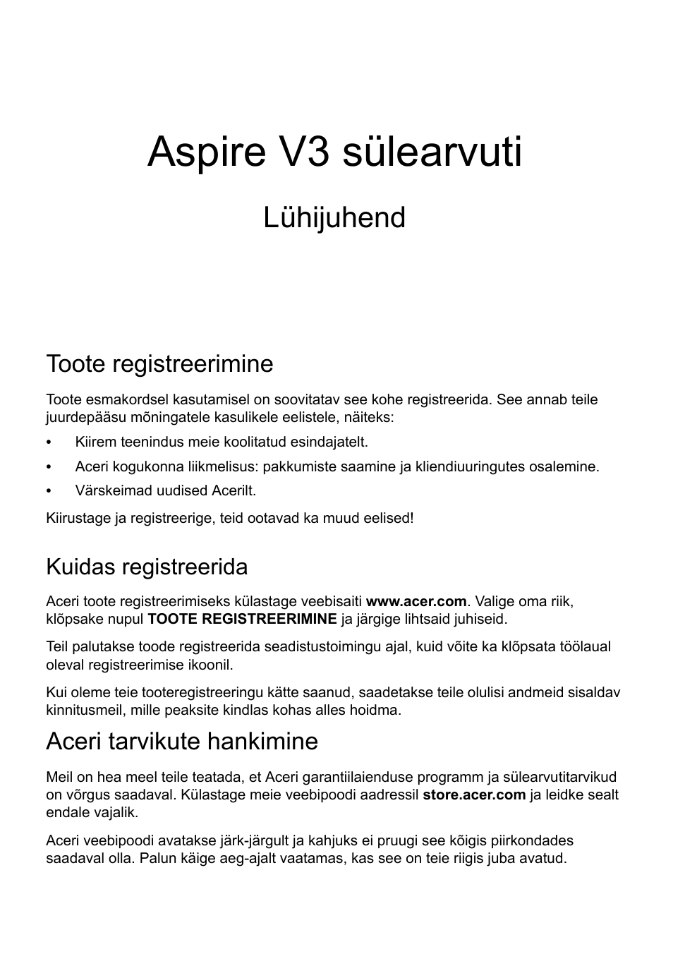 Eesti, Toote registreerimine, Kuidas registreerida | Aceri tarvikute hankimine, Aspire v3 sülearvuti, Lühijuhend | Acer Aspire V3-551 User Manual | Page 209 / 308