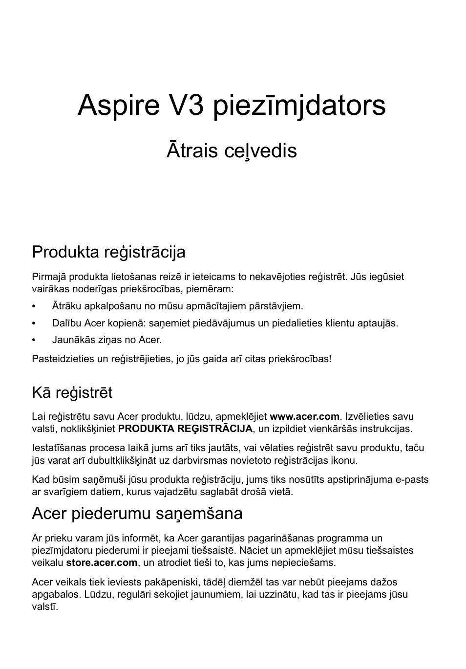 Latviski, Produkta reģistrācija, Kā reģistrēt | Acer piederumu saņemšana, Aspire v3 piezīmjdators, Ātrais ceļvedis | Acer Aspire V3-551 User Manual | Page 219 / 308