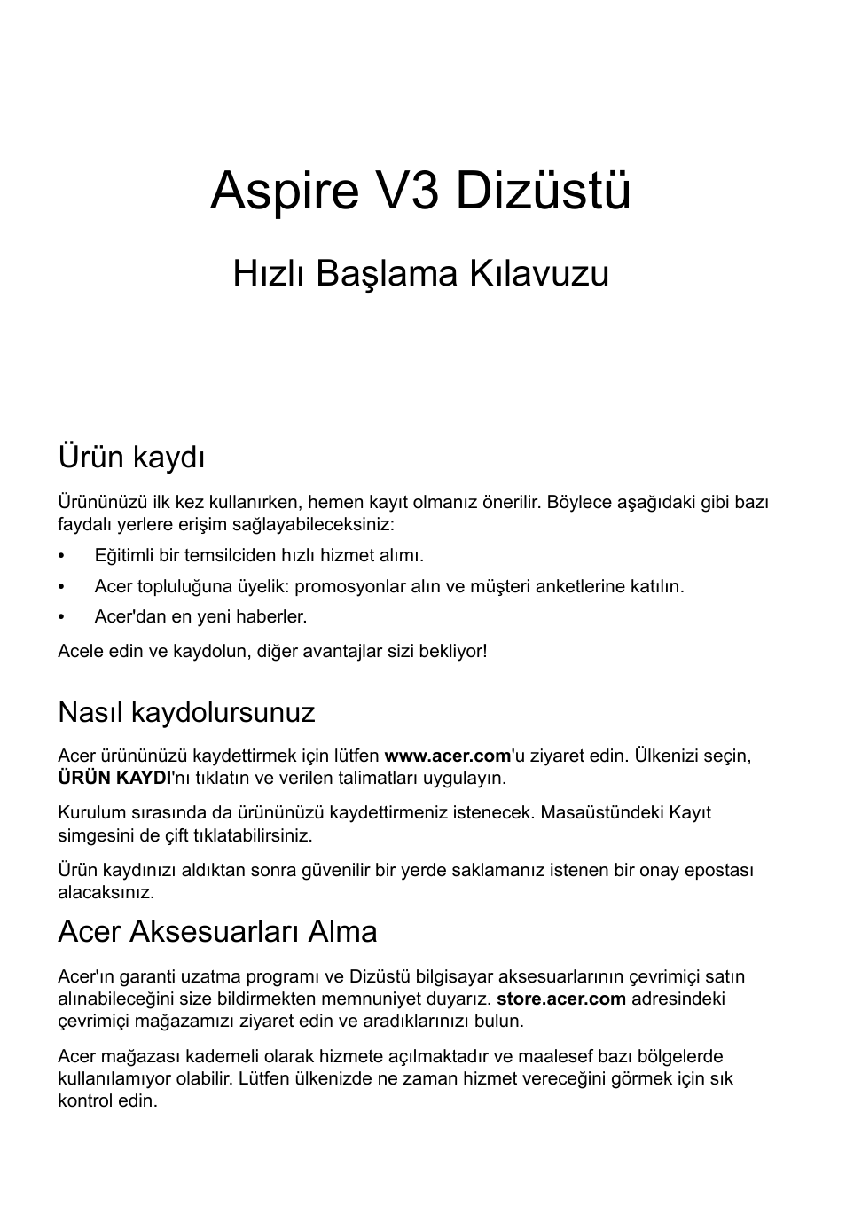 Türkçe, Ürün kaydı, Nasıl kaydolursunuz | Acer aksesuarları alma, Aspire v3 dizüstü, Hızlı başlama kılavuzu | Acer Aspire V3-551 User Manual | Page 249 / 308