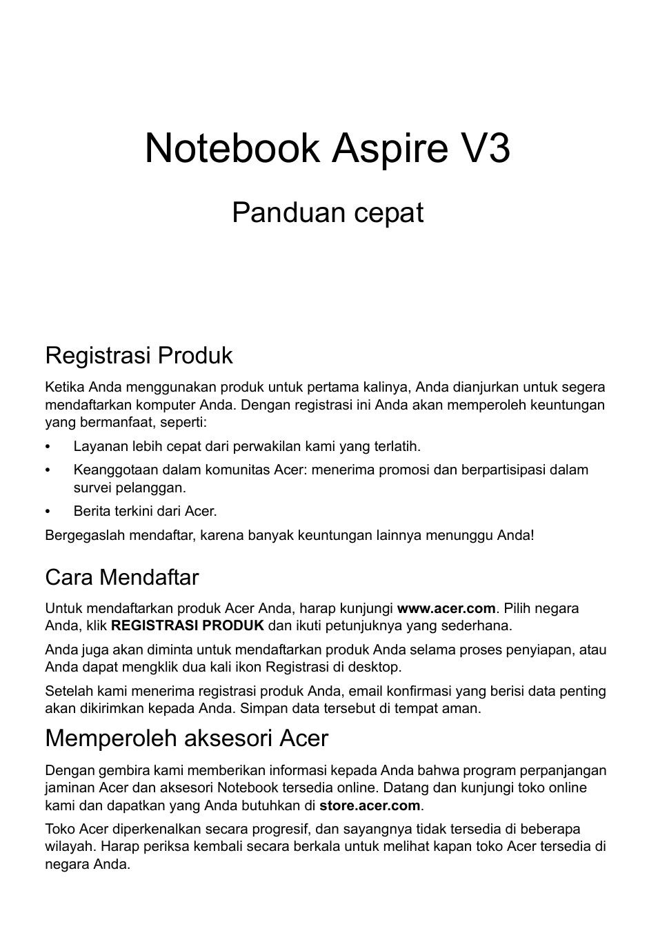 Bahasa indonesia, Registrasi produk, Cara mendaftar | Memperoleh aksesori acer, Panduan cepat | Acer Aspire V3-551 User Manual | Page 289 / 308