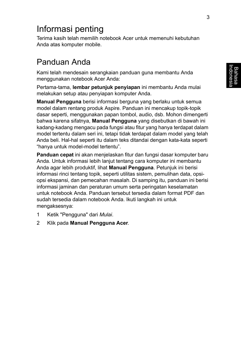 Informasi penting, Panduan anda | Acer Aspire V3-551 User Manual | Page 291 / 308