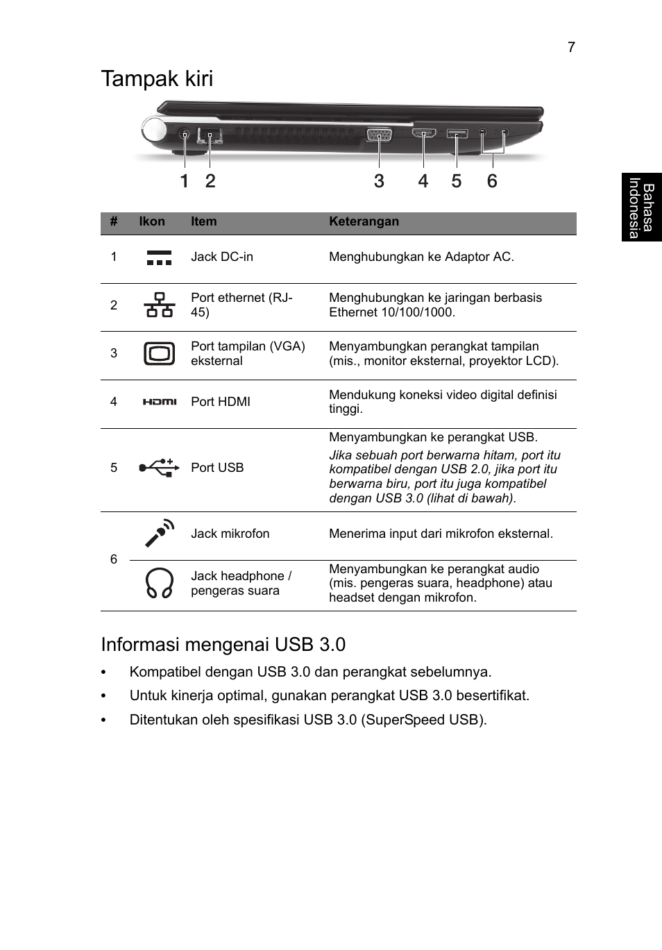 Tampak kiri, Informasi mengenai usb 3.0 | Acer Aspire V3-551 User Manual | Page 295 / 308