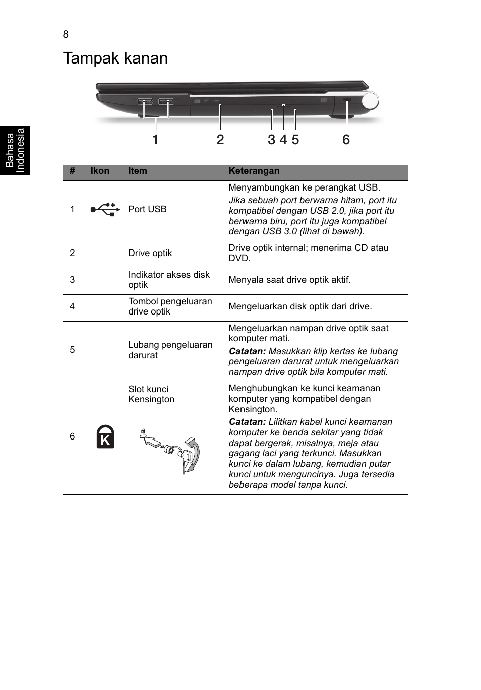 Tampak kanan | Acer Aspire V3-551 User Manual | Page 296 / 308