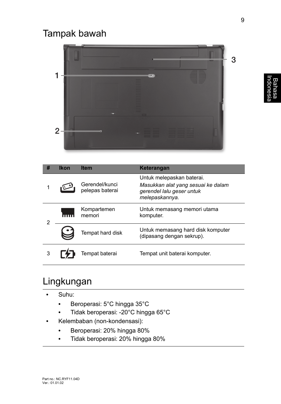 Tampak bawah, Lingkungan, Tampak bawah lingkungan | Acer Aspire V3-551 User Manual | Page 297 / 308