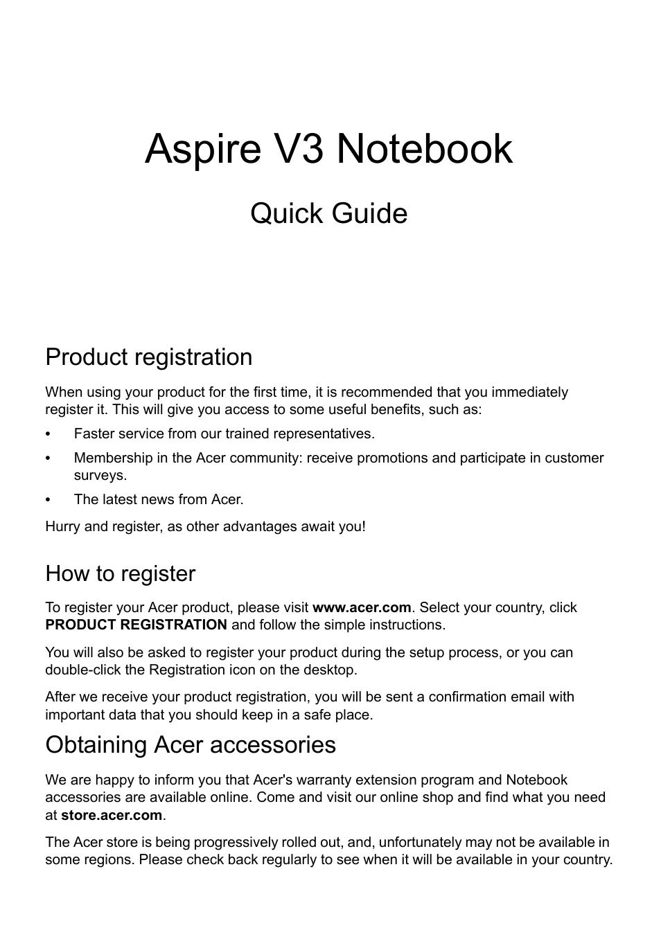 English, Product registration, How to register | Obtaining acer accessories, Quick guide | Acer Aspire V3-551 User Manual | Page 3 / 308