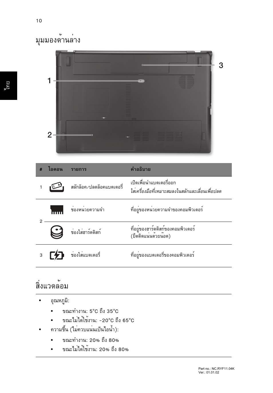 มุมมองด้านล่าง, สิ่งแวดล้อม, Бшббн§´йт¹еит§ кфи§бз´ейнб | Acer Aspire V3-551 User Manual | Page 308 / 308