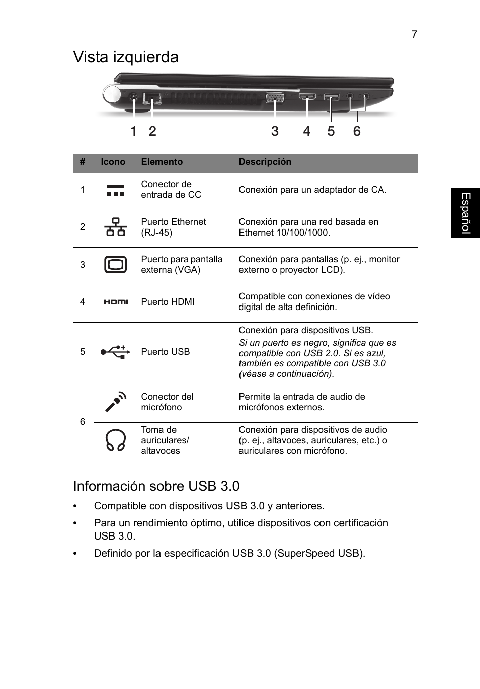 Vista izquierda, Información sobre usb 3.0 | Acer Aspire V3-551 User Manual | Page 51 / 308