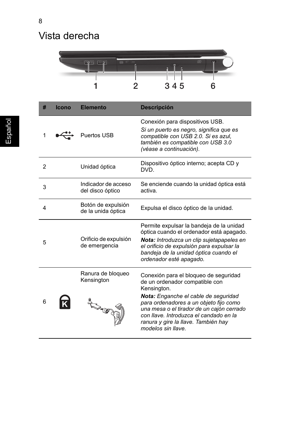 Vista derecha | Acer Aspire V3-551 User Manual | Page 52 / 308
