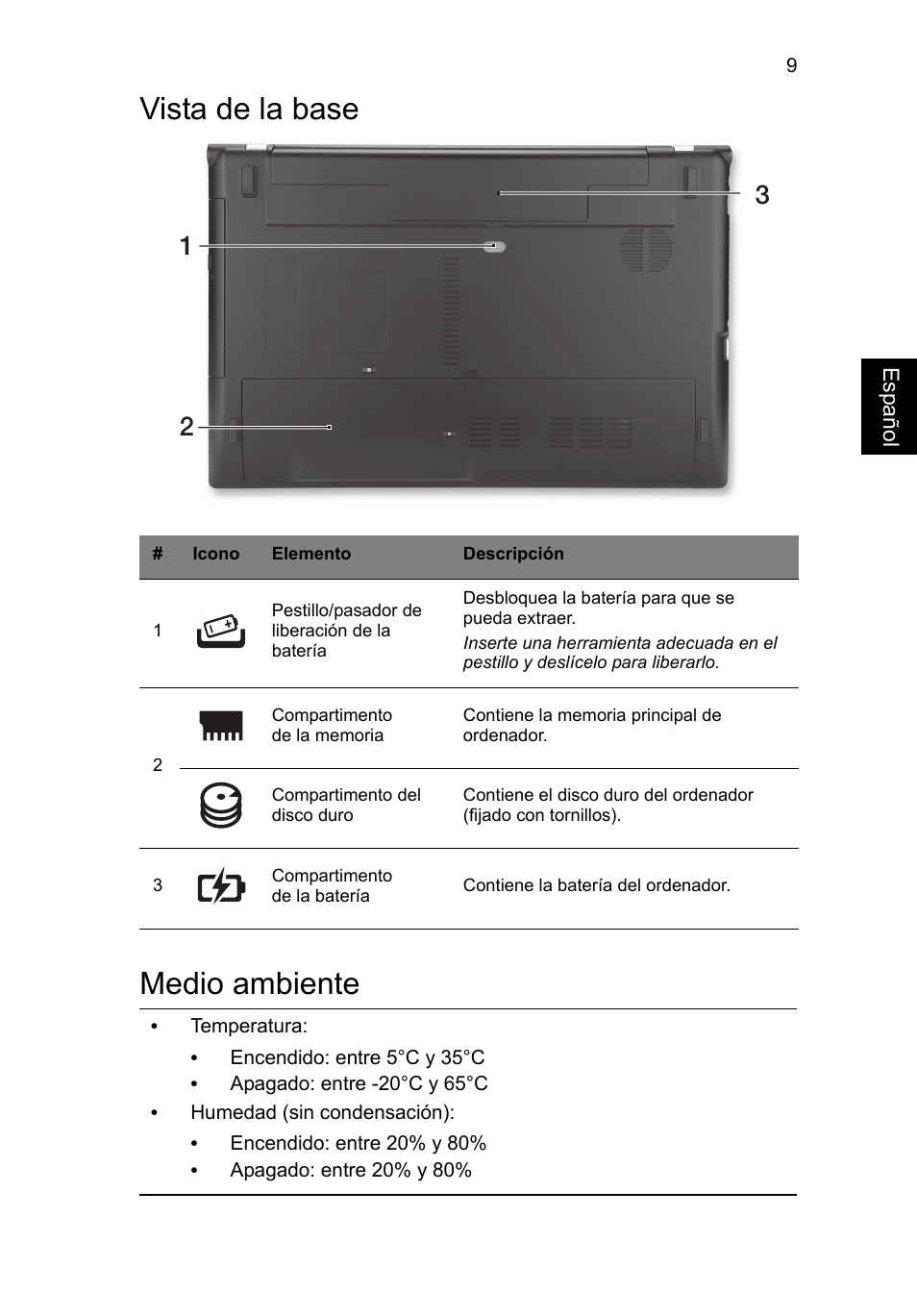 Vista de la base, Medio ambiente, Vista de la base medio ambiente | Acer Aspire V3-551 User Manual | Page 53 / 308