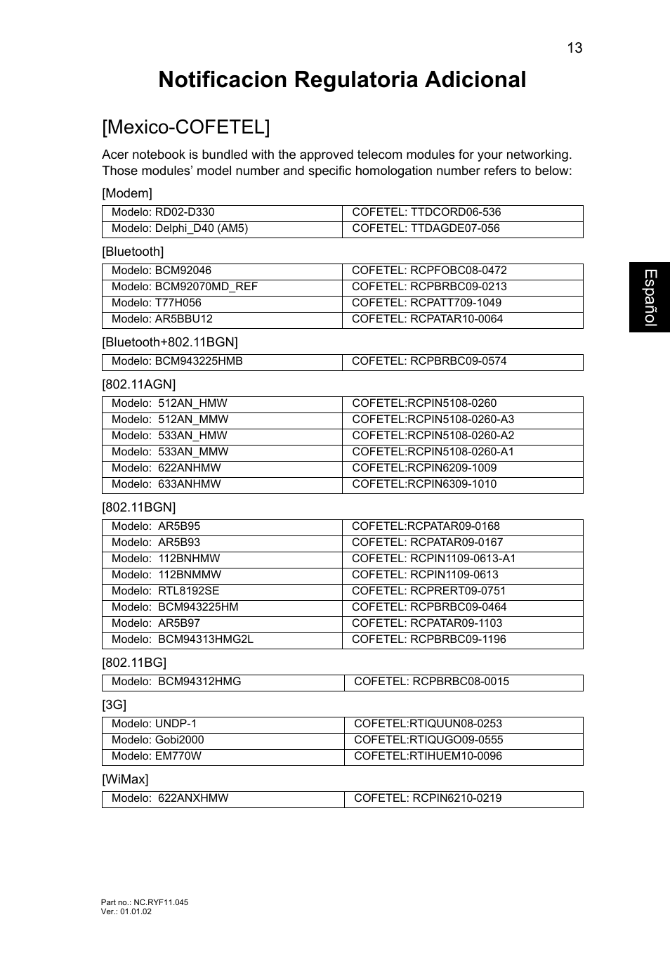 Notificacion regulatoria adicional, Mexico-cofetel, Esp añol | Acer Aspire V3-551 User Manual | Page 57 / 308