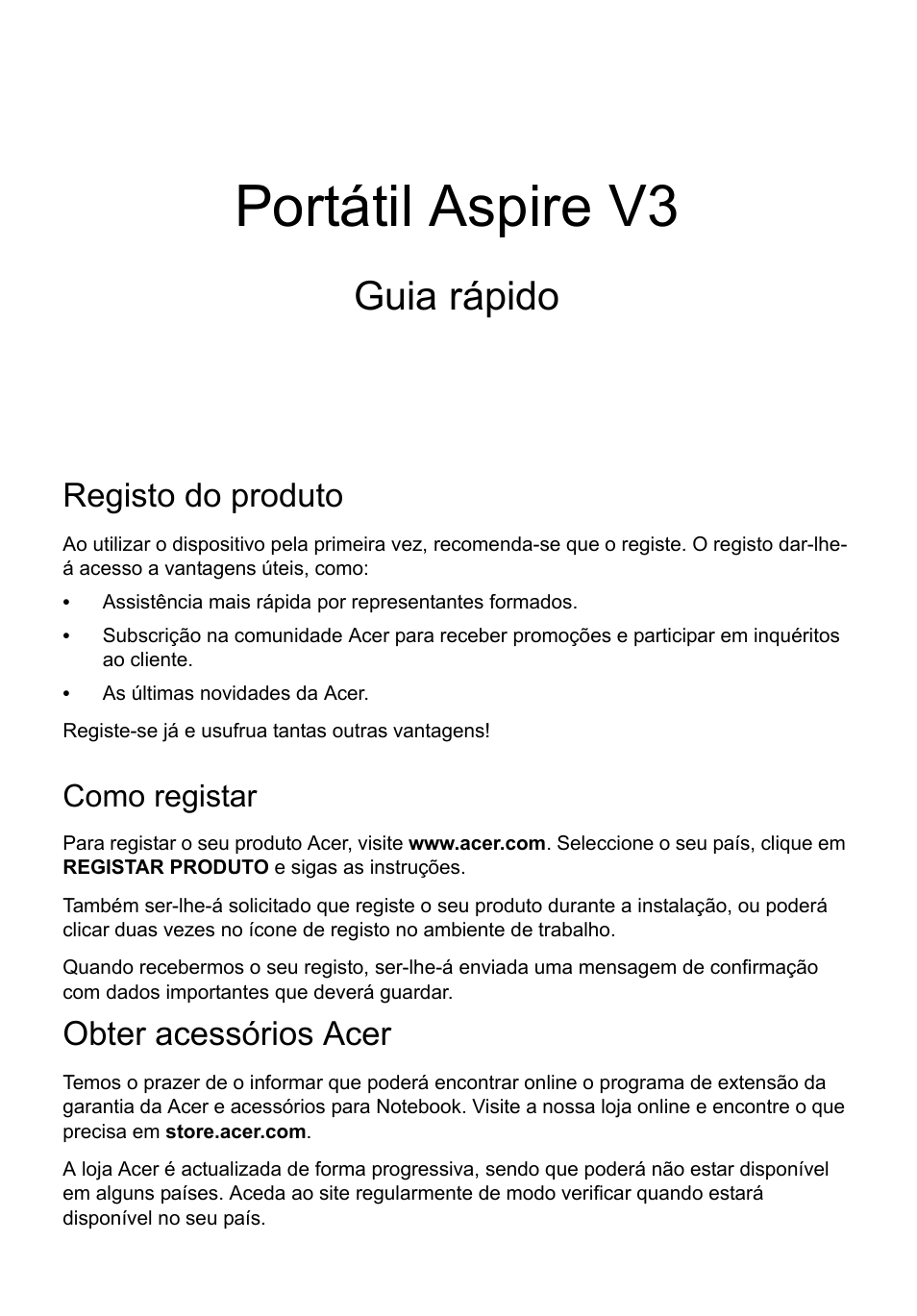 Português, Registo do produto, Como registar | Obter acessórios acer, Portátil aspire v3, Guia rápido | Acer Aspire V3-551 User Manual | Page 59 / 308
