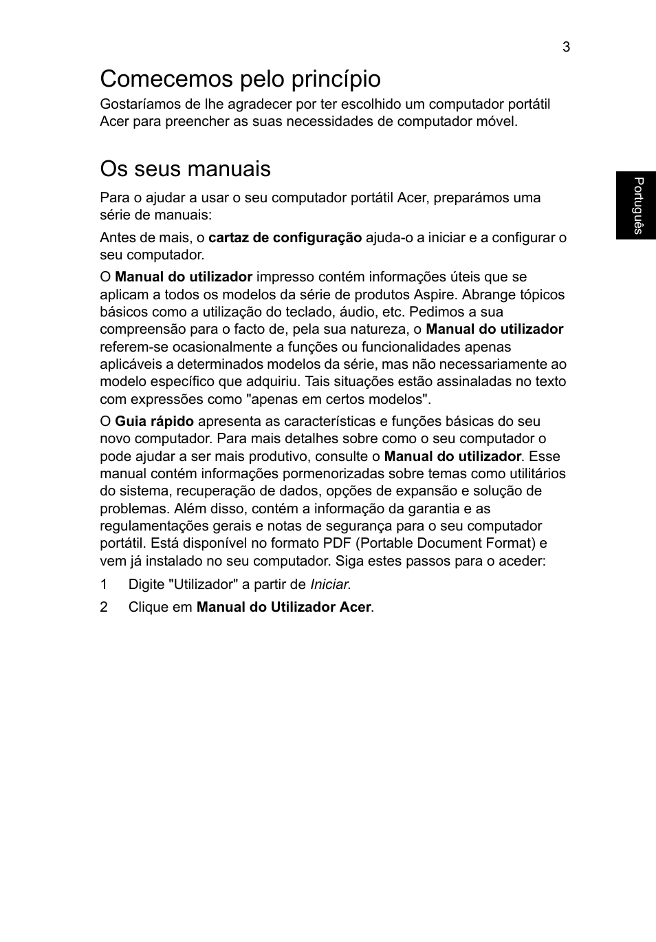 Comecemos pelo princípio, Os seus manuais | Acer Aspire V3-551 User Manual | Page 61 / 308