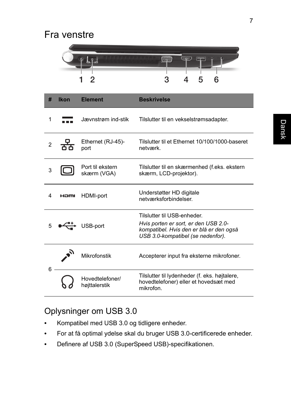 Fra venstre, Oplysninger om usb 3.0 | Acer Aspire V3-551 User Manual | Page 95 / 308