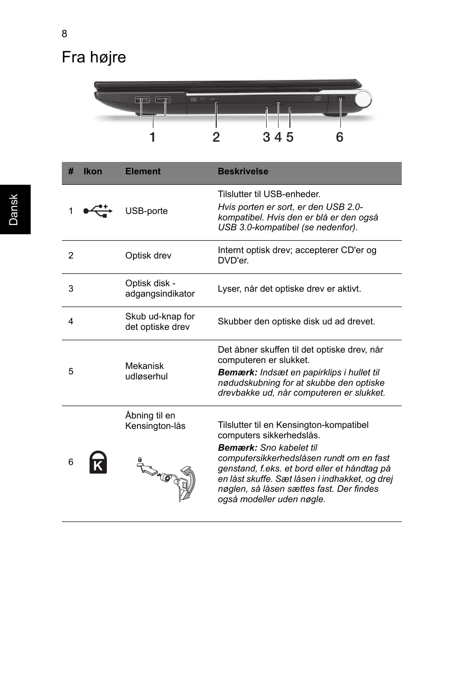 Fra højre | Acer Aspire V3-551 User Manual | Page 96 / 308