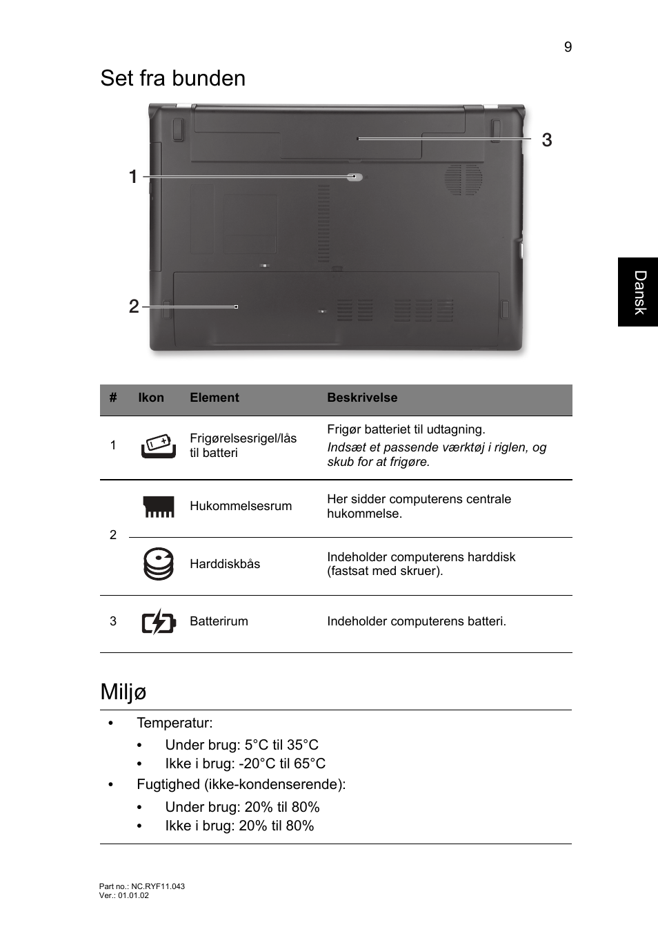 Set fra bunden, Miljø, Set fra bunden miljø | Acer Aspire V3-551 User Manual | Page 97 / 308