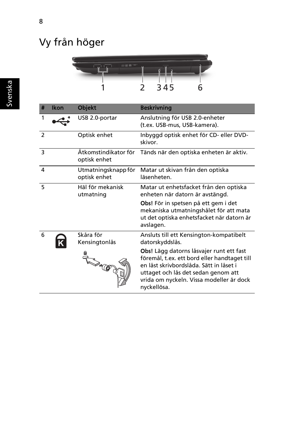 Vy från höger | Acer TravelMate 5335 User Manual | Page 102 / 313