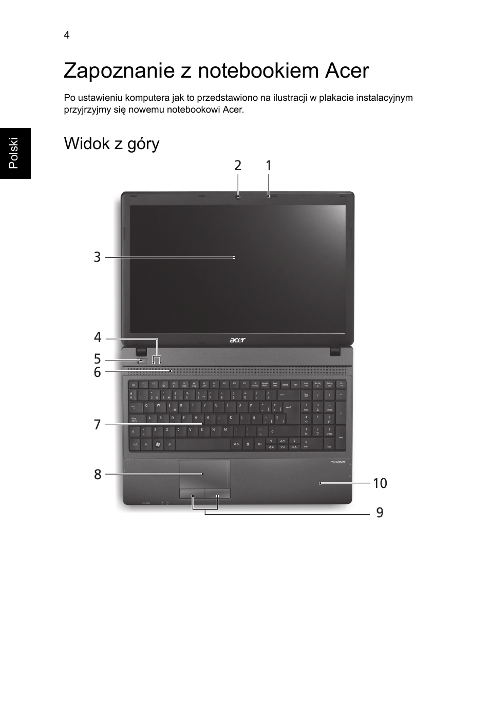 Zapoznanie z notebookiem acer, Widok z góry | Acer TravelMate 5335 User Manual | Page 128 / 313