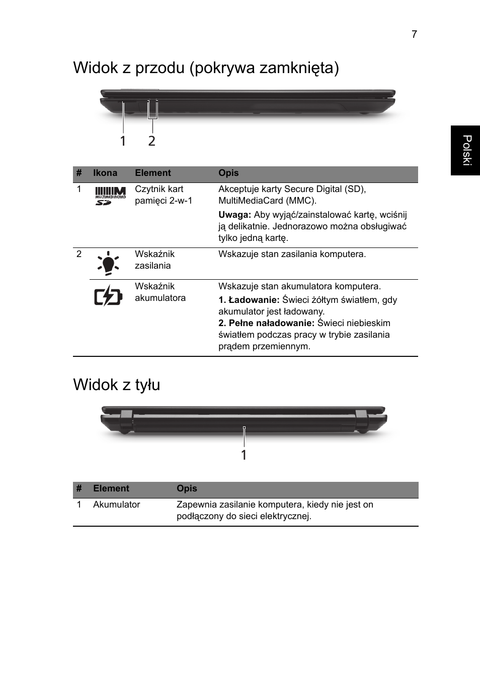 Widok z przodu (pokrywa zamknięta), Widok z tyłu, Widok z przodu (pokrywa zamknięta) widok z tyłu | Acer TravelMate 5335 User Manual | Page 131 / 313