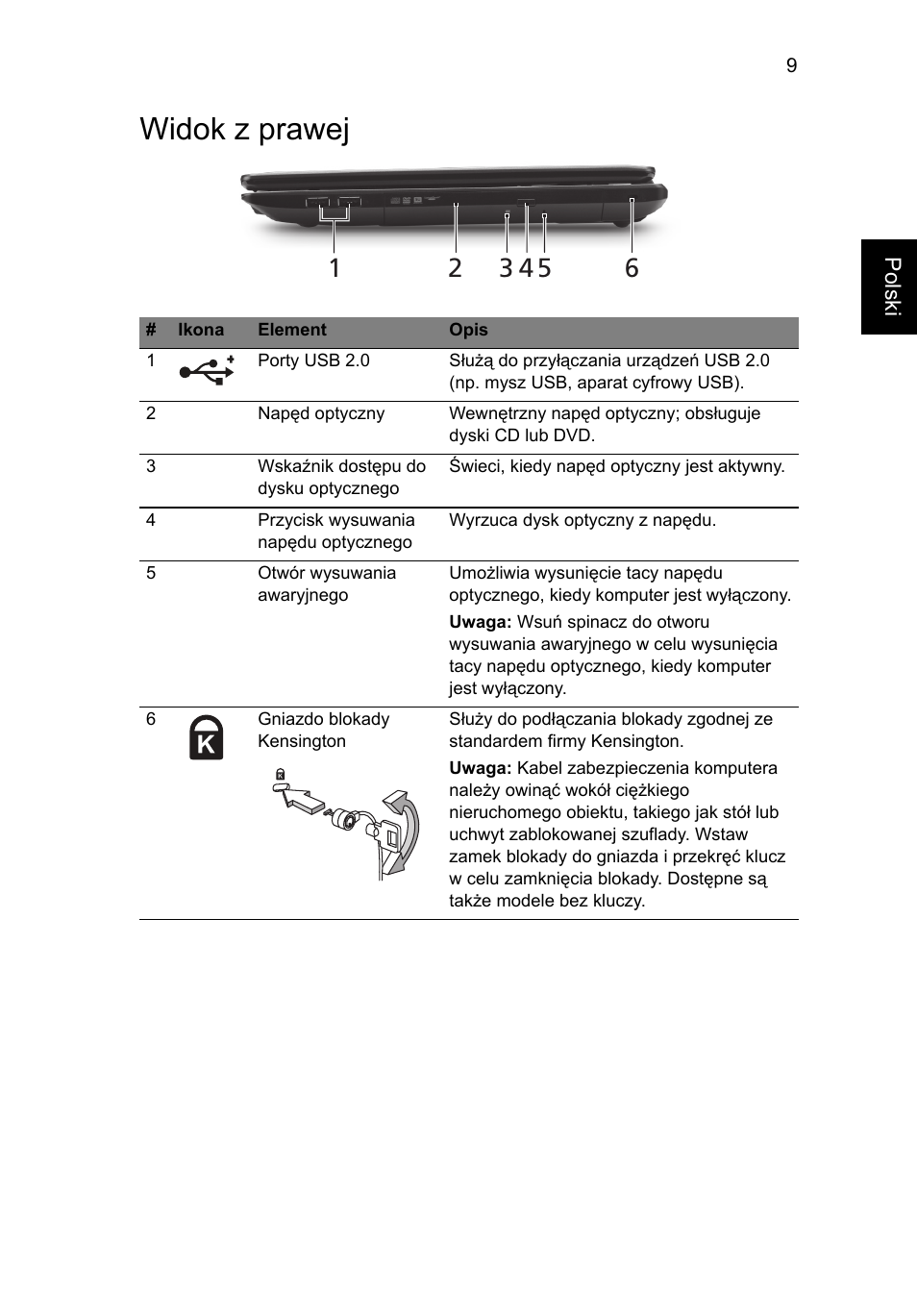 Widok z prawej | Acer TravelMate 5335 User Manual | Page 133 / 313