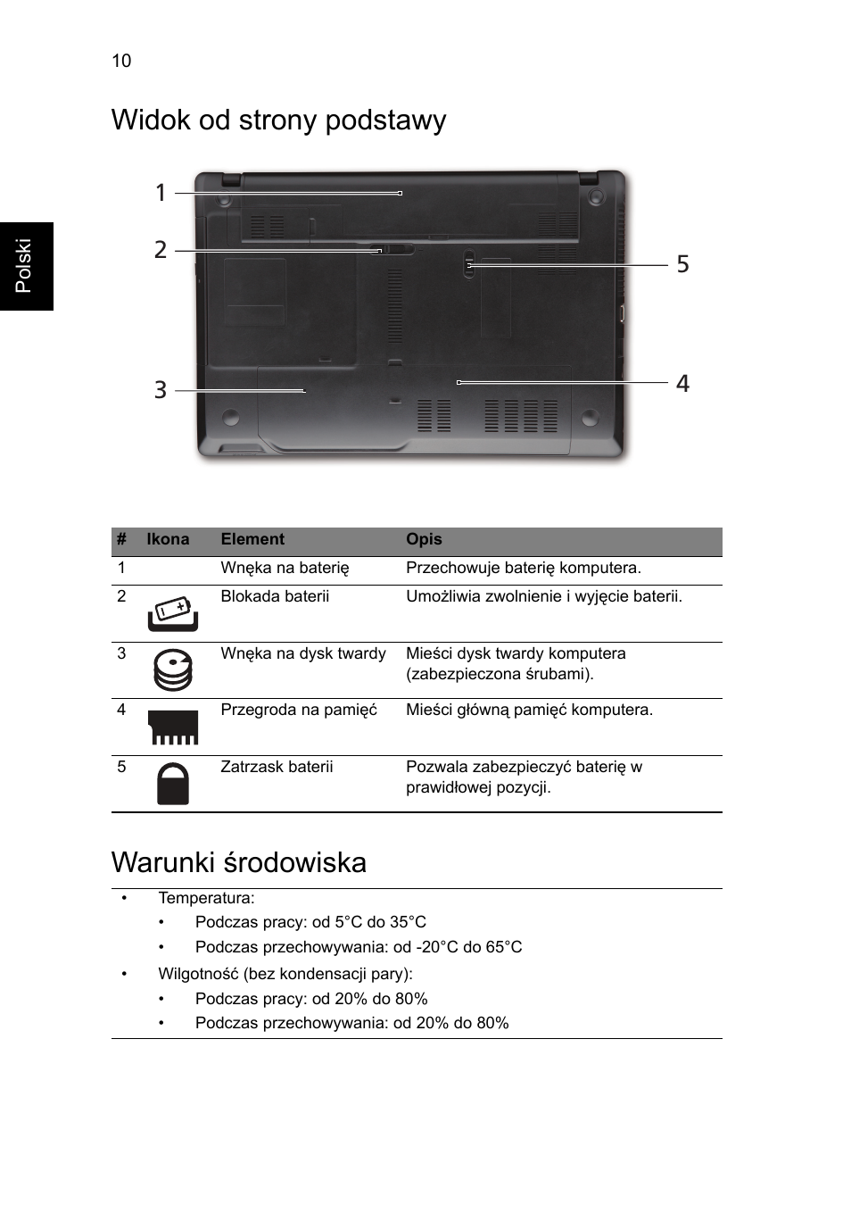 Widok od strony podstawy, Warunki środowiska, Widok od strony podstawy warunki środowiska | Acer TravelMate 5335 User Manual | Page 134 / 313